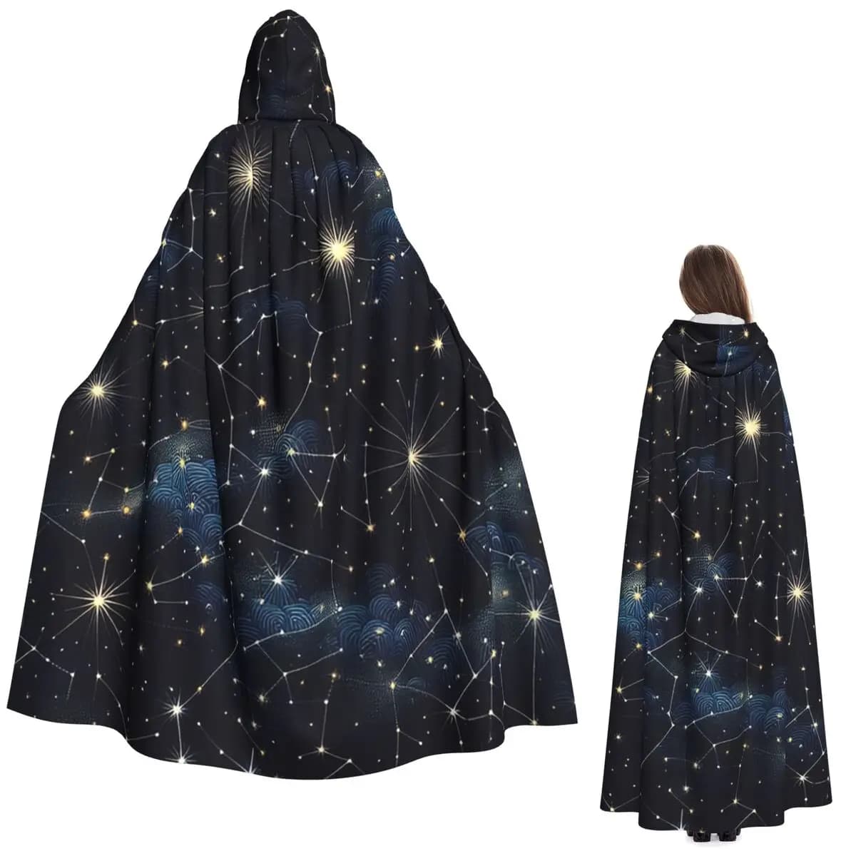 Cielo notturno Stelle celeste dorate Costellazioni zodiacali Mantello lungo con cappuccio Strega Costume medievale Mantello cosplay HalloweenVampiro