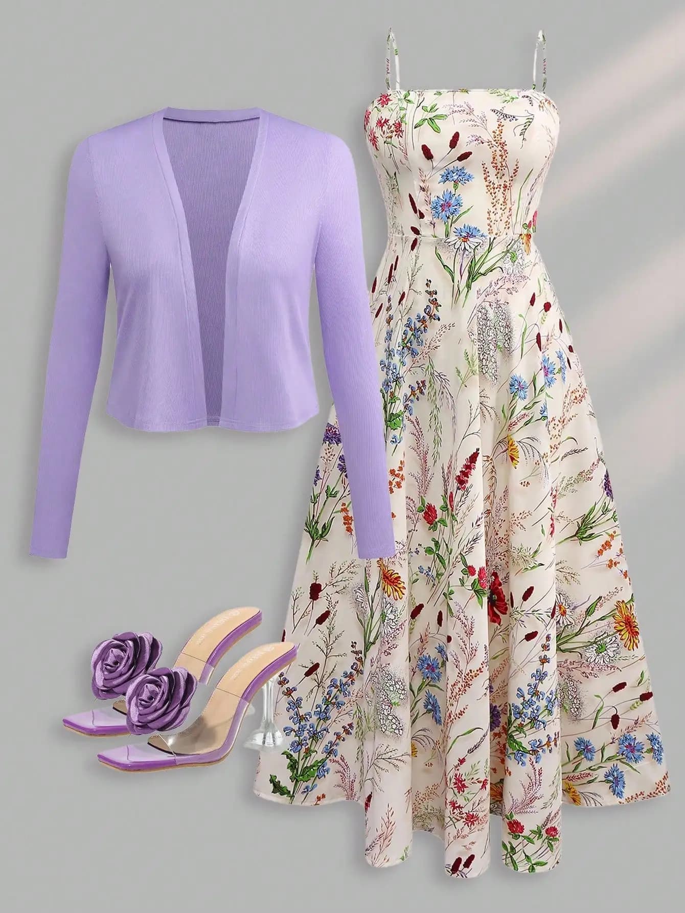Elegante abito a stampa floreale con spalline sottili e set cardigan in tinta unita per donna