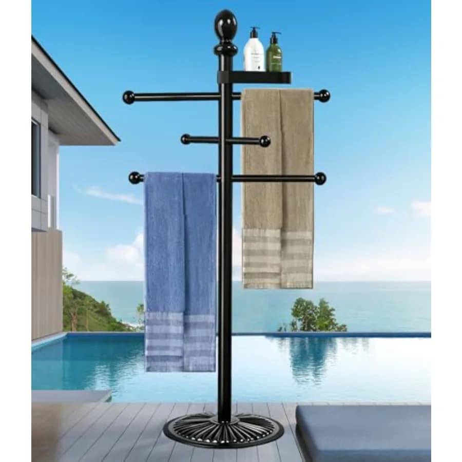 Portasciugamani da esterno per piscina, 6 barre con vassoio superiore, accessori per piscina in metallo resistente con base in metallo pesante, accessori per vasca idromassaggio