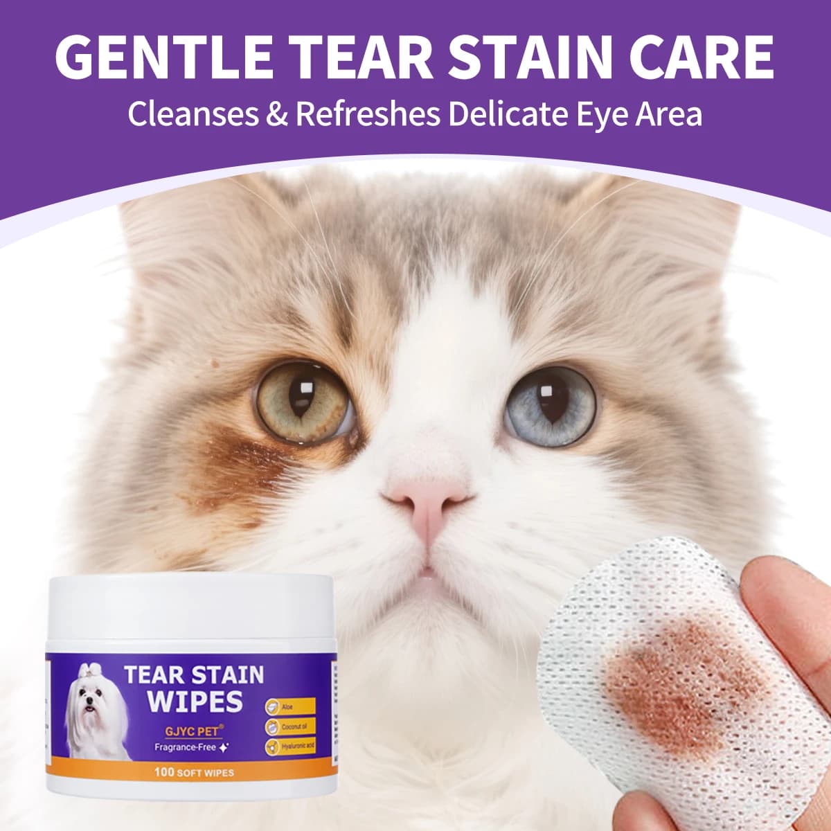 Salviette per Occhi di Animali Domestici, Rimuovi Macchie Lacrimali, Ipoallergeniche, Senza Alcool, Senza Profumo, Delicate, Non Irritanti per Cani e Gatti