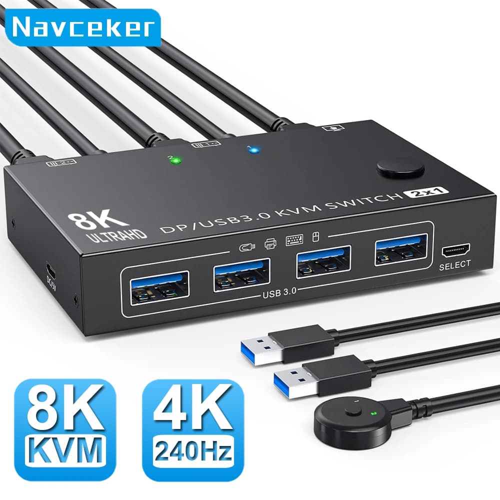 Navceker 4K 240Hz DP 2.1 KVM Switch 2 PC 8K USB 3.0 Displayport KVM Switch 2 in 1 uscita Display 1 Monitor 2 Computer
