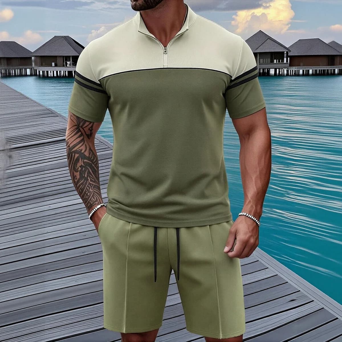 Completo Sportivo da Uomo Bicolore Nero e Bianco con Colletto Rialzato e Mezza Zip, Maglia e Pantaloncini con Coulisse Nera
