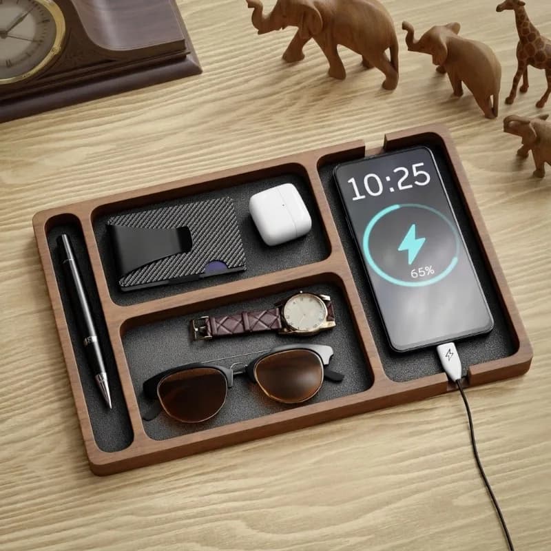 Premium Acacia Wood Valet Tray Men Desk Organizer Multipurpose Catchall Tray for Phone Charging Watch Glasses Wallet Gift Tray
