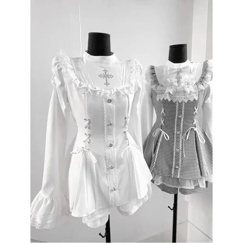 Y2k Estetico Lolita Style Bow Dress Pantaloncini Set Donna Kawaii Lace Flare Sleeve Bow Camicia Abito Punk giapponese Mini abito da festa