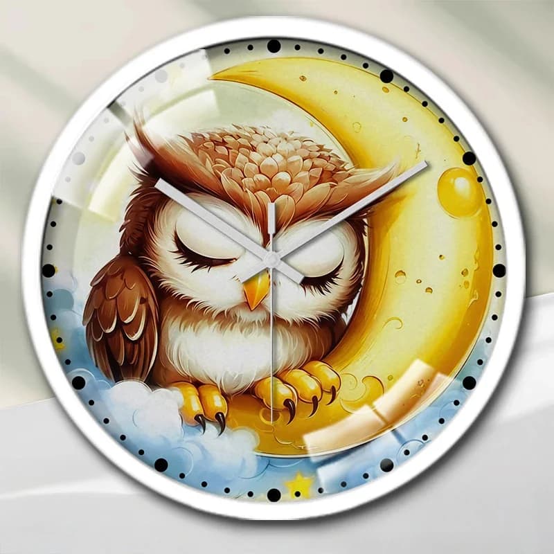 Orologio da parete silenzioso rotondo con disegno a cartoni animati The Owl's Dream, adatto per soggiorno, scuola, studio, camera da letto, regali per bambini