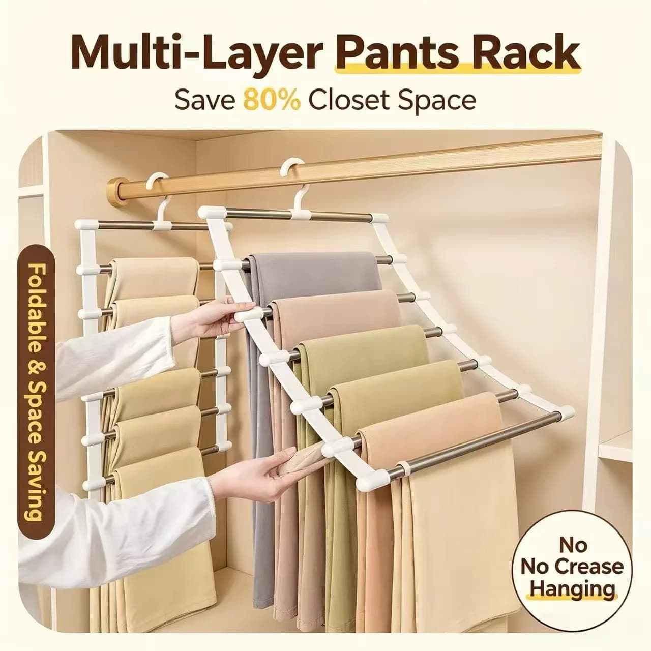 Multi Layer Non Slip Pants Hanger Foldable Space Saving Wardrobe Trousers Storage Rack