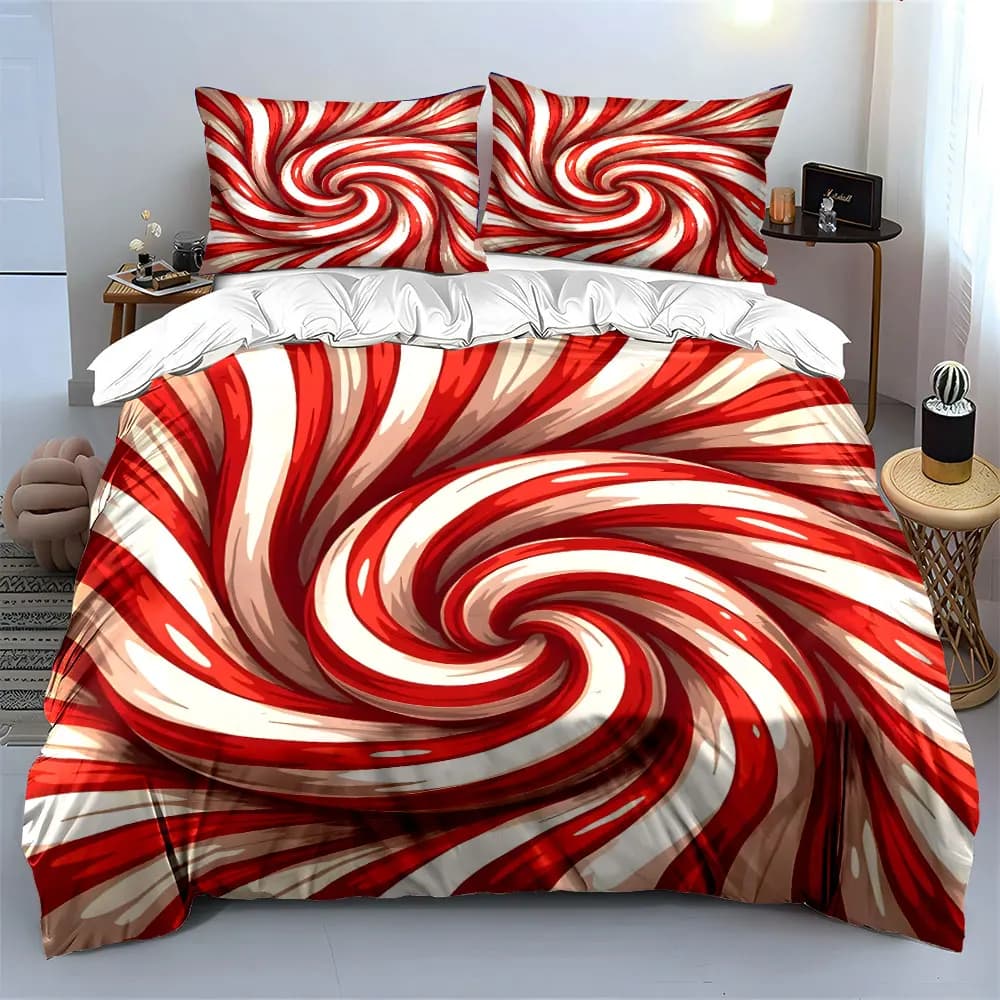 3D Red and white swirling candy pattern Print Soft Comfortable Duvet Cover Bedding Set Included 1*Duvet Cover 2*Pillowcases