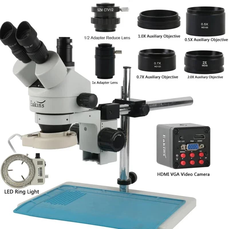 Microscopio stereo trinoculare parfocale simul focale 3,5X 7X 45X 90X 1080P HDMI VGA Videocamera digitale per uscita immagine digitale