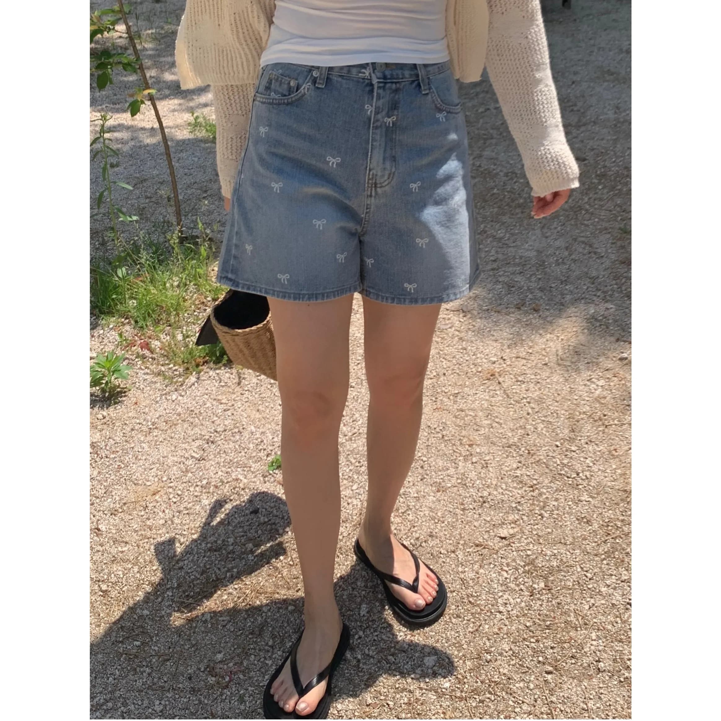 Shorts in denim a vita alta con stampa floreale e fiocco, casual, comodi, in cotone non elasticizzato, per l'estate