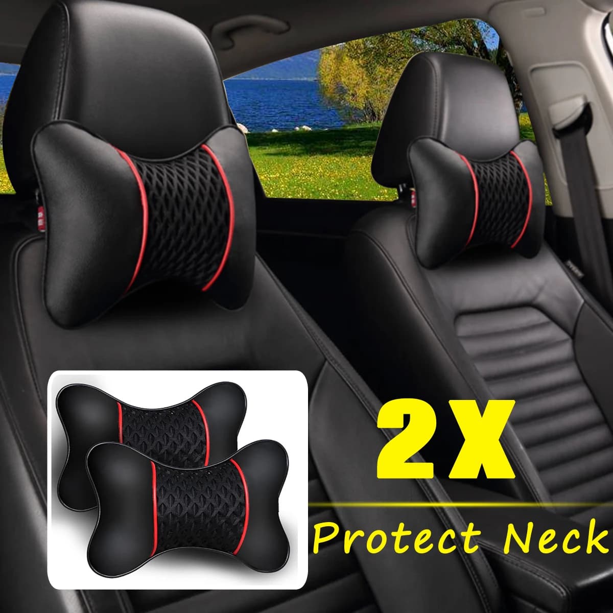 2 pezzi cuscini per auto lavorati a maglia in pelle PU poggiatesta poggiatesta cuscino supporto accessori per sedili cuscino di sicurezza nero per auto decorazione universale