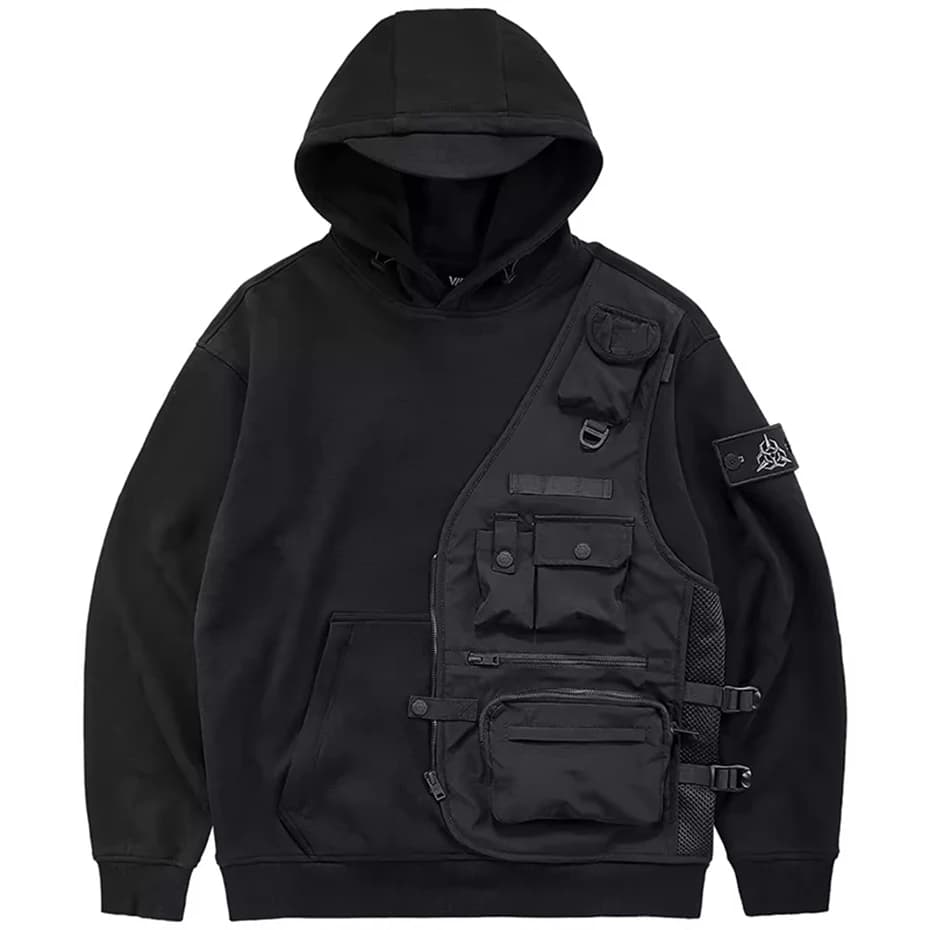 Cyber Techwear Function felpa con cappuccio da uomo Fake Two Piece Tactical Cargo Hoodies Harajuku oversize Hip Hop felpa nera Pullover