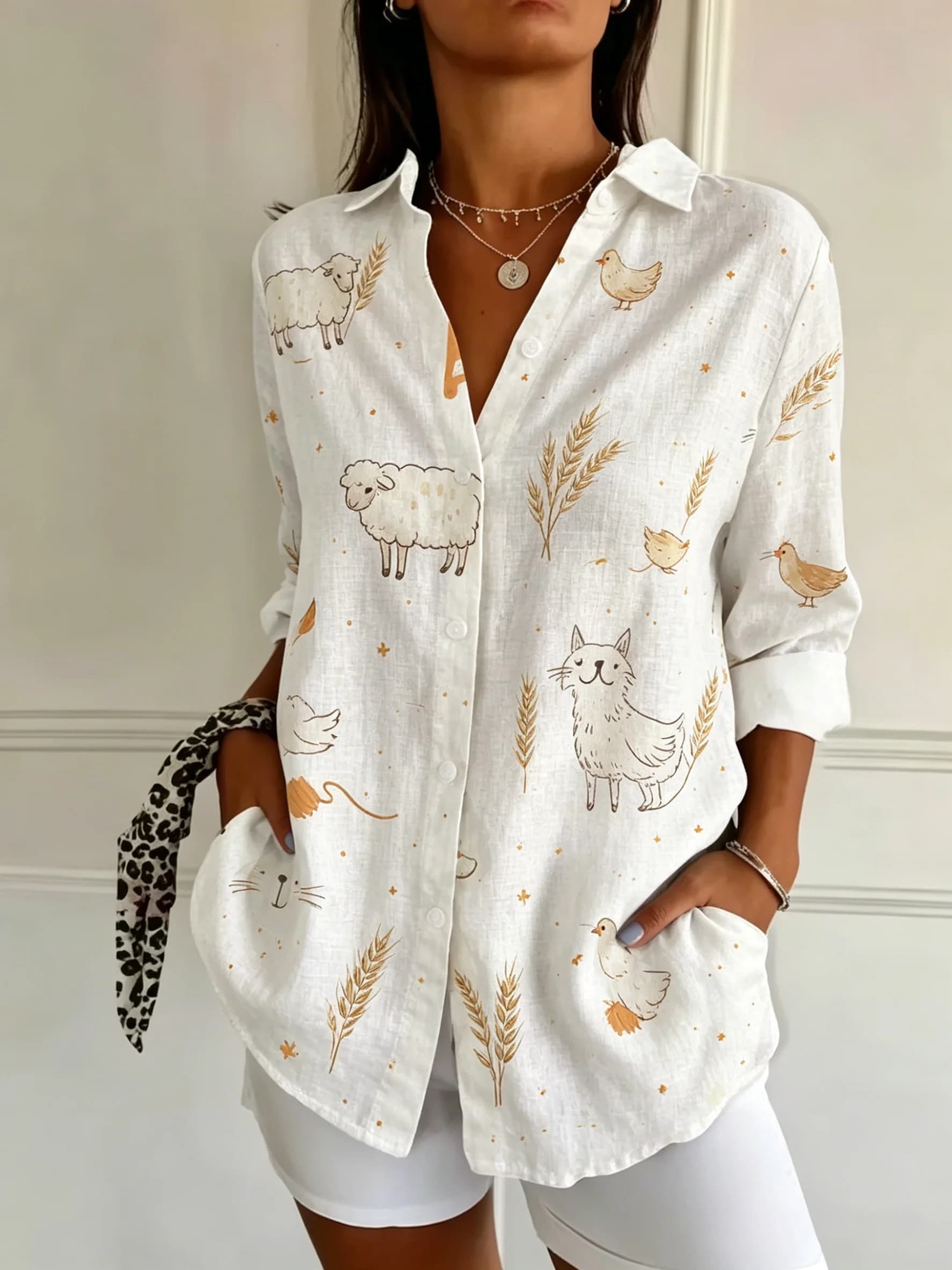 Women's Spring Summer Cute Sheep Chicken Cartoon Print Button Down Shirt, Casual Daily Printed Collared Blouse