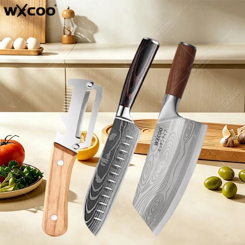 WXCOO Stainless Steel Kitchen Knife Multifunctional Cutting Meat Removing Bones Fruit Peeler Japanese Knife Wooden Handle