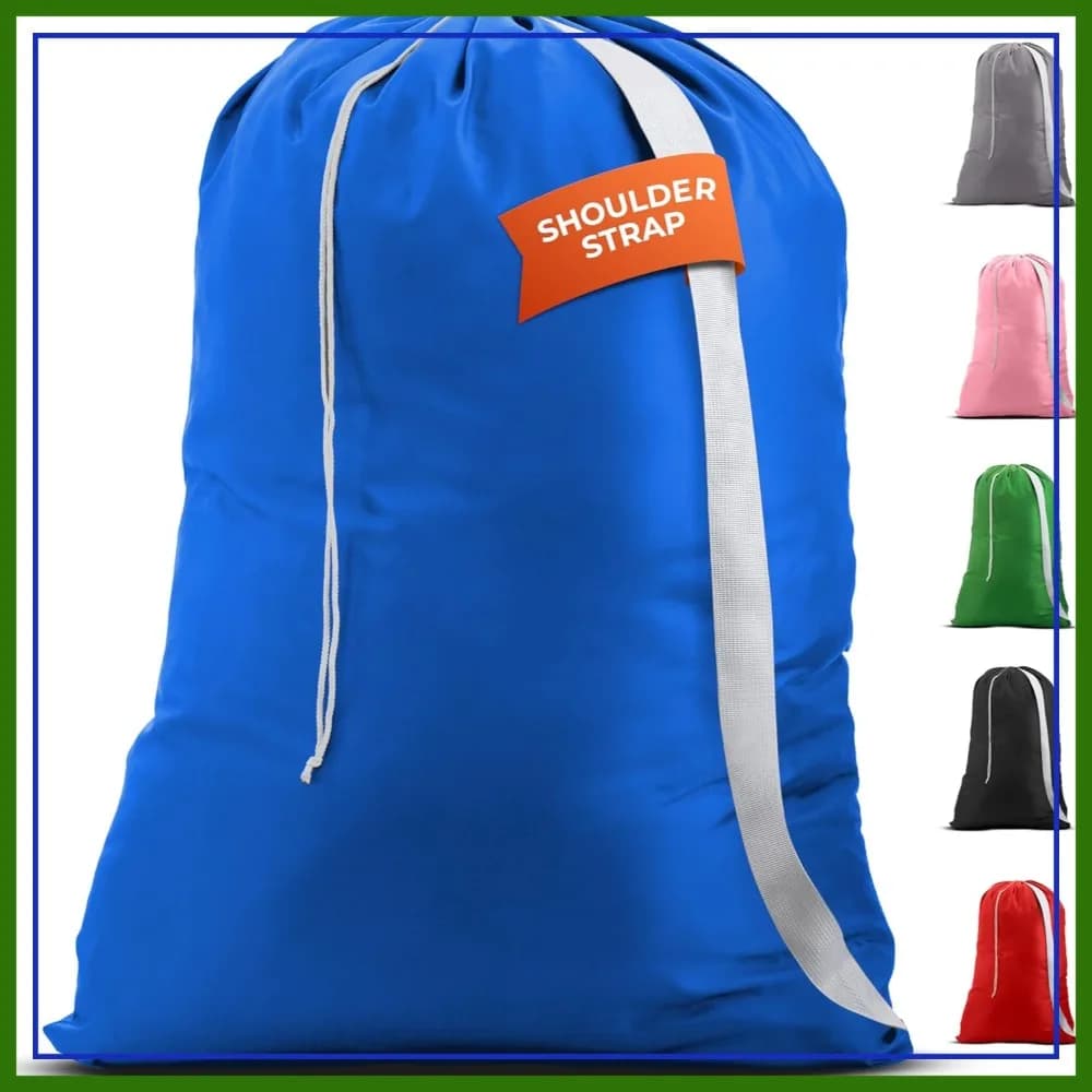 Borsa per Bucato Extra Large con Tracolla - Chiusura con Cordoncino, Cuciture Resistenti, Pratica e Comoda - Blu 30x40
