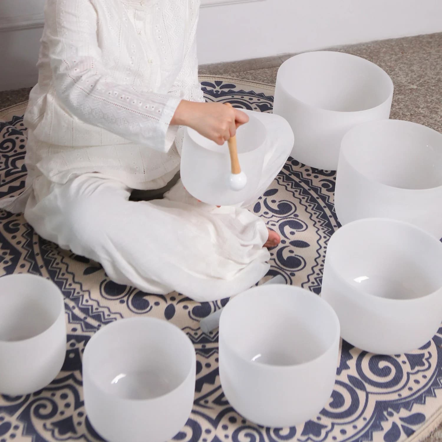 6-12" White Frosted Quartz Crystal Singing Bowl Chakra Set 7pcs For Sound Healing Good Sleepy