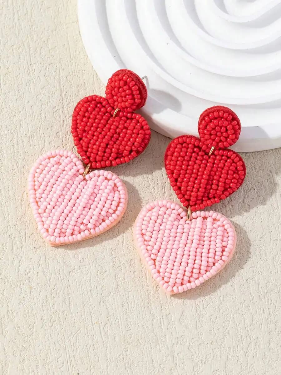 WinLeaf 1 Pair Handmade Valentine's Day Beaded Earrings, Exclusive Stylish Contrast Color 3D Double Heart Shape With Imported Ri
