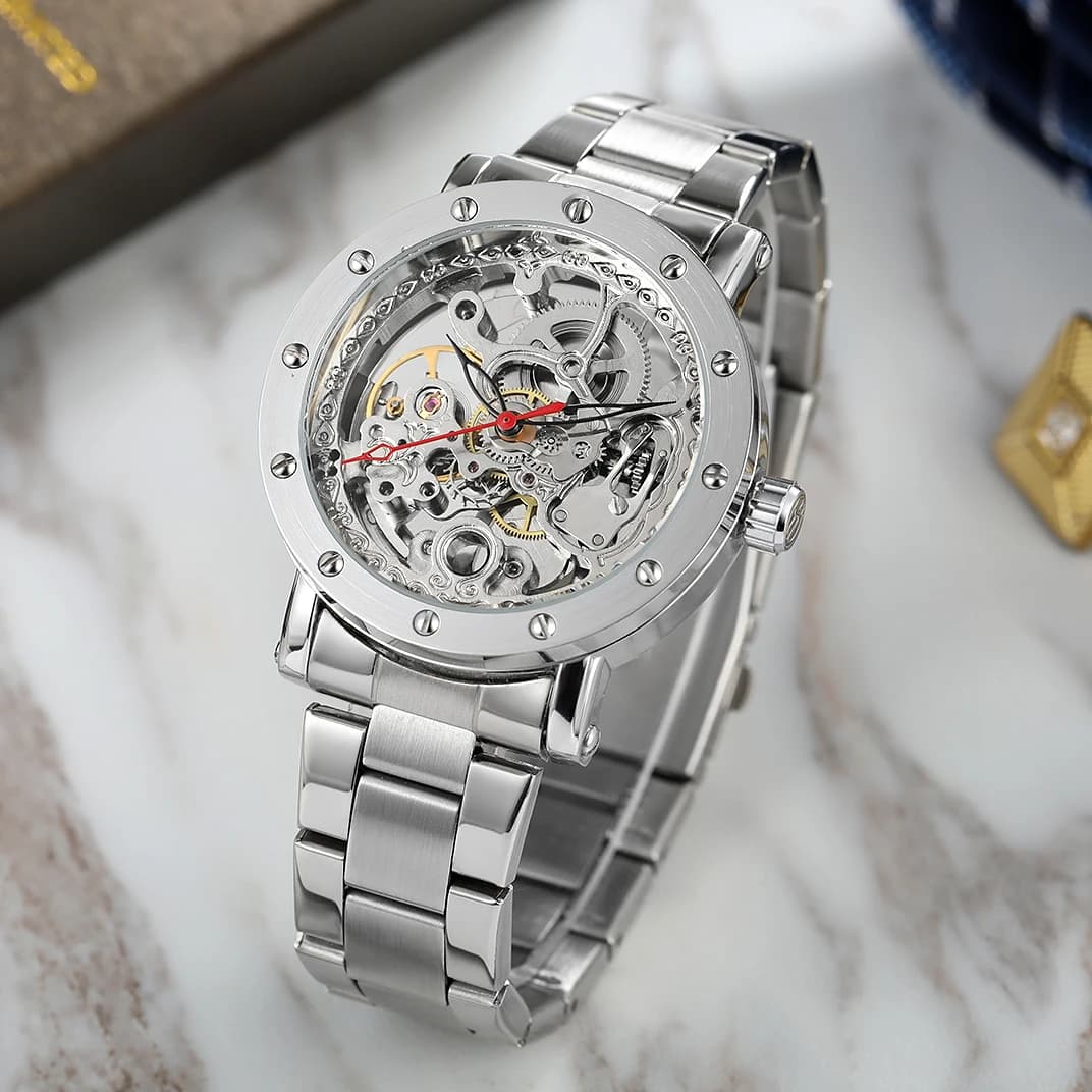 Orologio da uomo classico FORSINING di lusso di fascia alta Orologio da polso da lavoro con movimento meccanico automatico scheletrato cavo in acciaio inossidabile