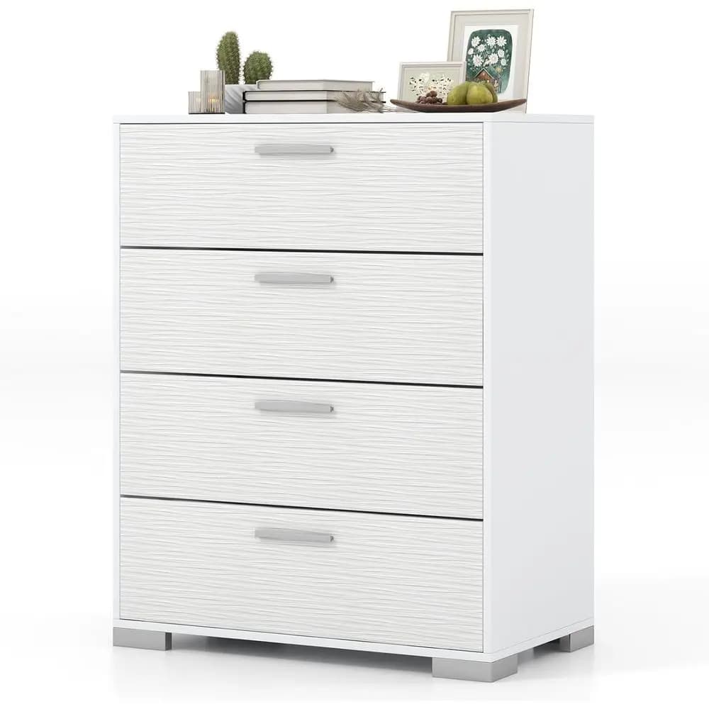 Armadio Alto Bianco con 4 Cassetti, Gambe e Maniglie in Metallo, Design Anti-Ribaltamento, Adatto per Soggiorno, Ingresso, Corridoio