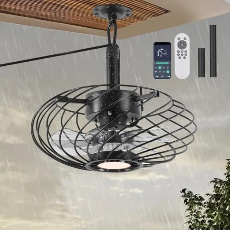 Ventilatore da soffitto per esterni con luce, impermeabile, per gazebo, con telecomando, luce LED dimmerabile, lampada a sospensione a gabbia, con spina per corrente