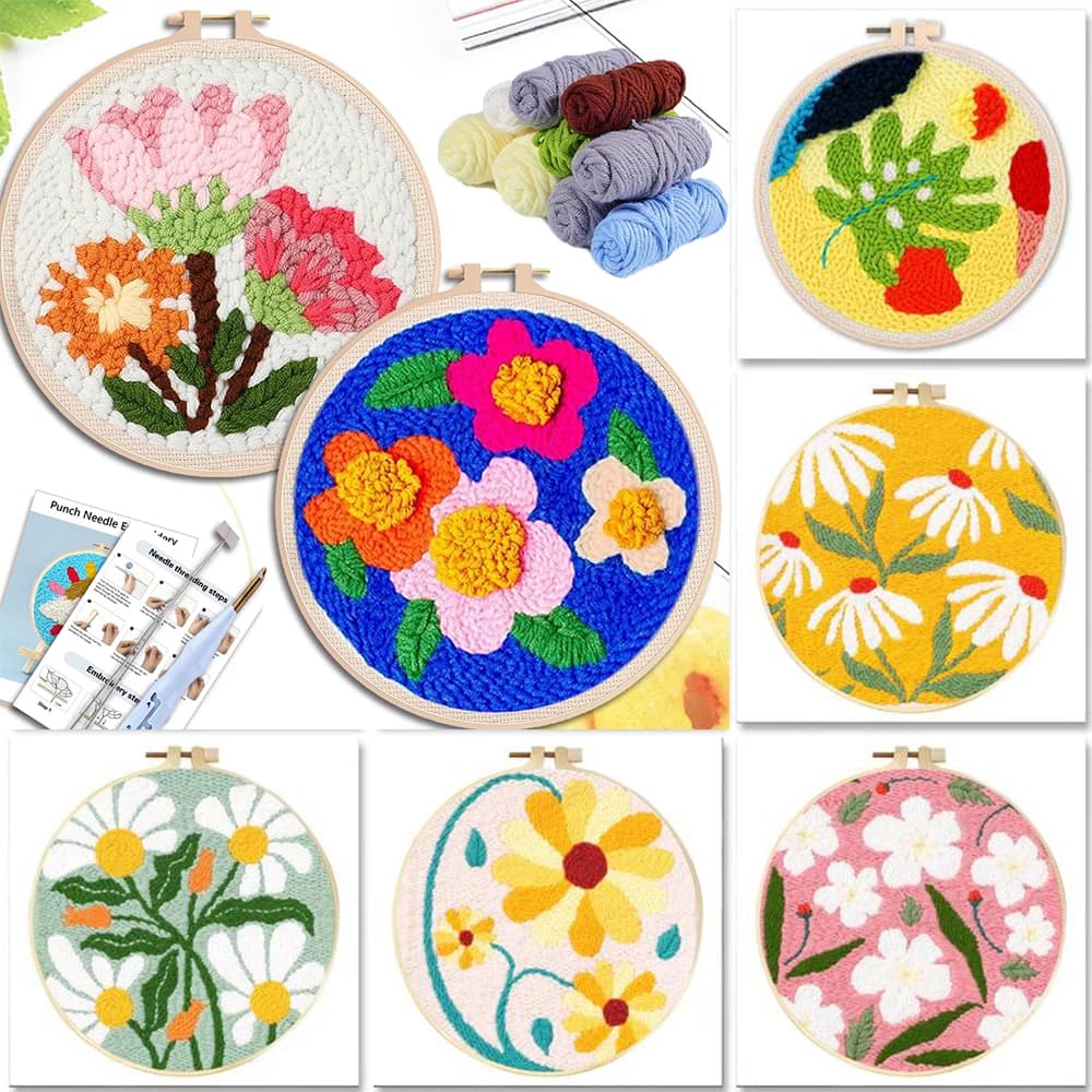 SDOYUNO Diy Punch Needle Embroidery Starter Kits For Beginner Flower Handicrafts Arts Poking Embroidery Yarn Painting Crafts