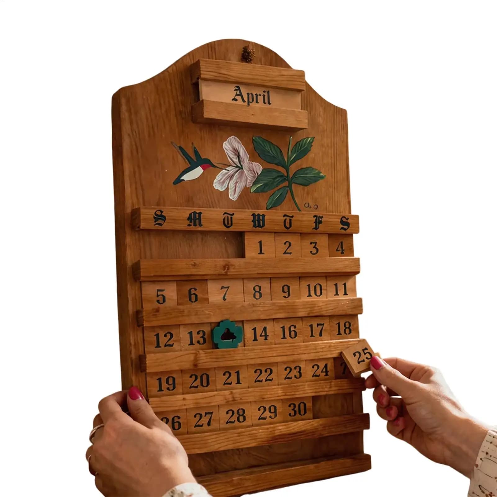 Calendario Perpetuo in Legno con Motivo Colibrì, Calendario da Scrivania Riutilizzabile con Data Regolabile Manualmente