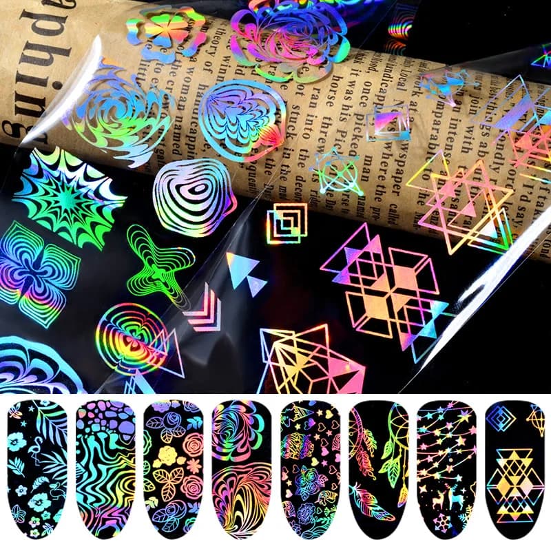8 pezzi adesivi per unghie colorati olografici luccicanti laser nail art trasferimento lamina cielo stellato decalcomania per manicure gel UV smalto decorazione