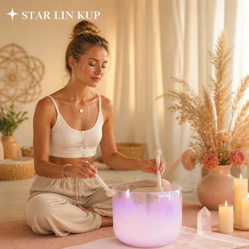STAR LIN KUP 432Hz Pink Crystal Singing Bowl Set with Mallet and Cushion Healing Meditation Chakra Sound Therapy Instrument