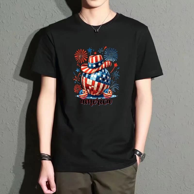 Men's Black Round-Neck Short-Sleeved T-Shirt with American Flag Elements and Disco Ball Print, Casual Street Style Top, Summer Trendy Versatile Item, Breathable and Comfortable for Everyday Wear