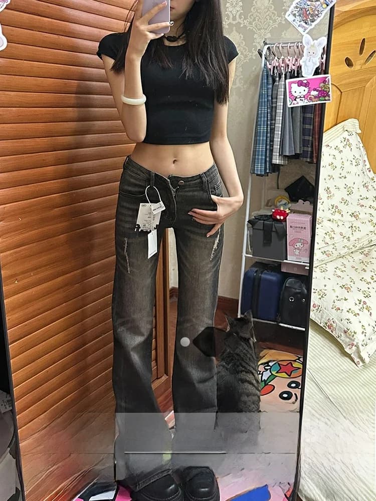 Jeans a Zampa d'Elefante Stile Americano Retro per Donna, Pantaloni in Denim Estivi Modellanti a Vita Alta con Chiusura a Cerniera