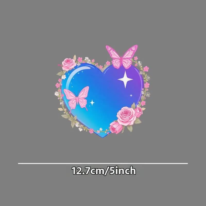 1pc Blue-Purple Gradient Heart & Pink Butterfly Floral Wreath Waterproof Sticker for Car, Laptop & Bike, Valentine Decor