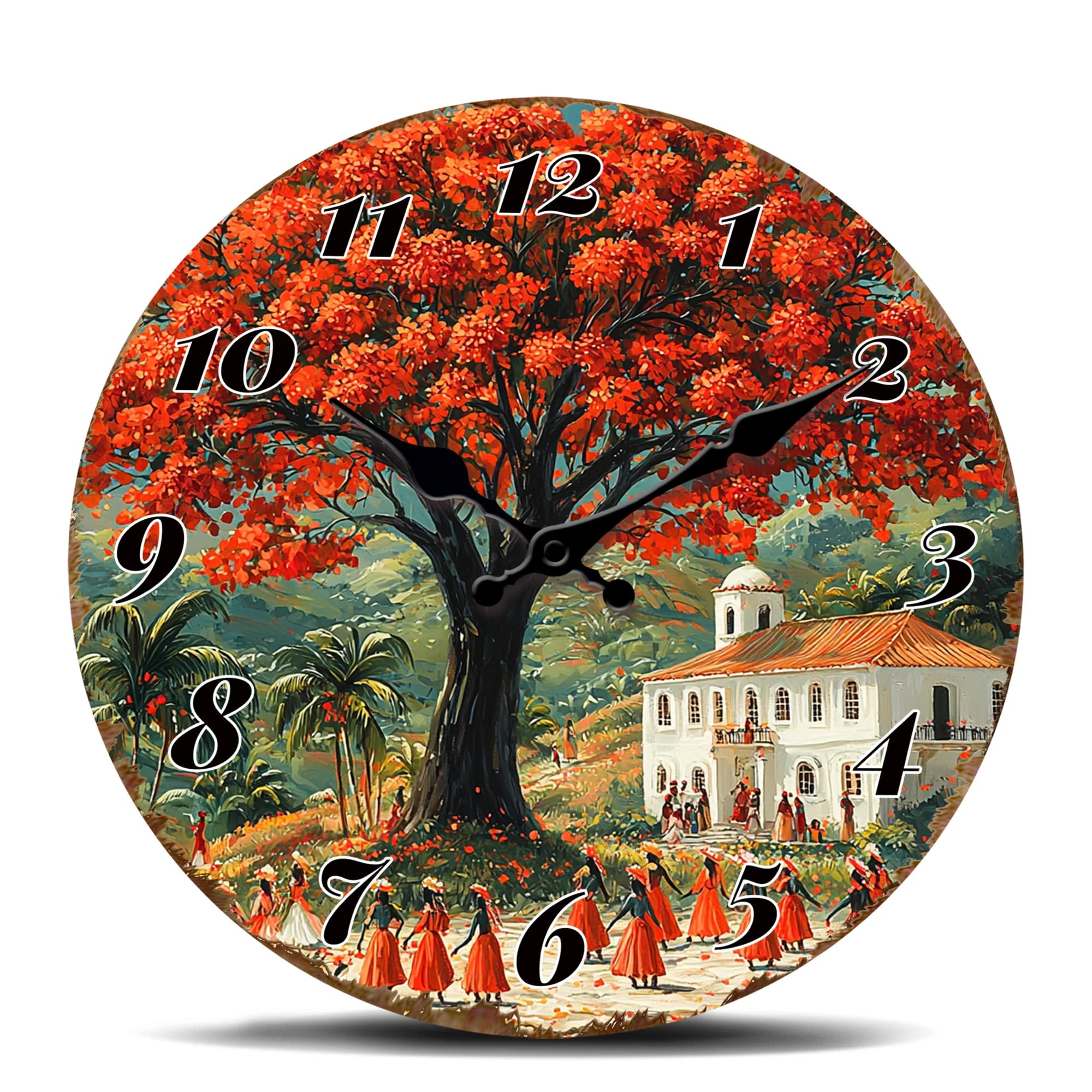 Round Wall Clock with Vibrant Red Tree and Ballerini - Cultural Decoration with Tropical Touch