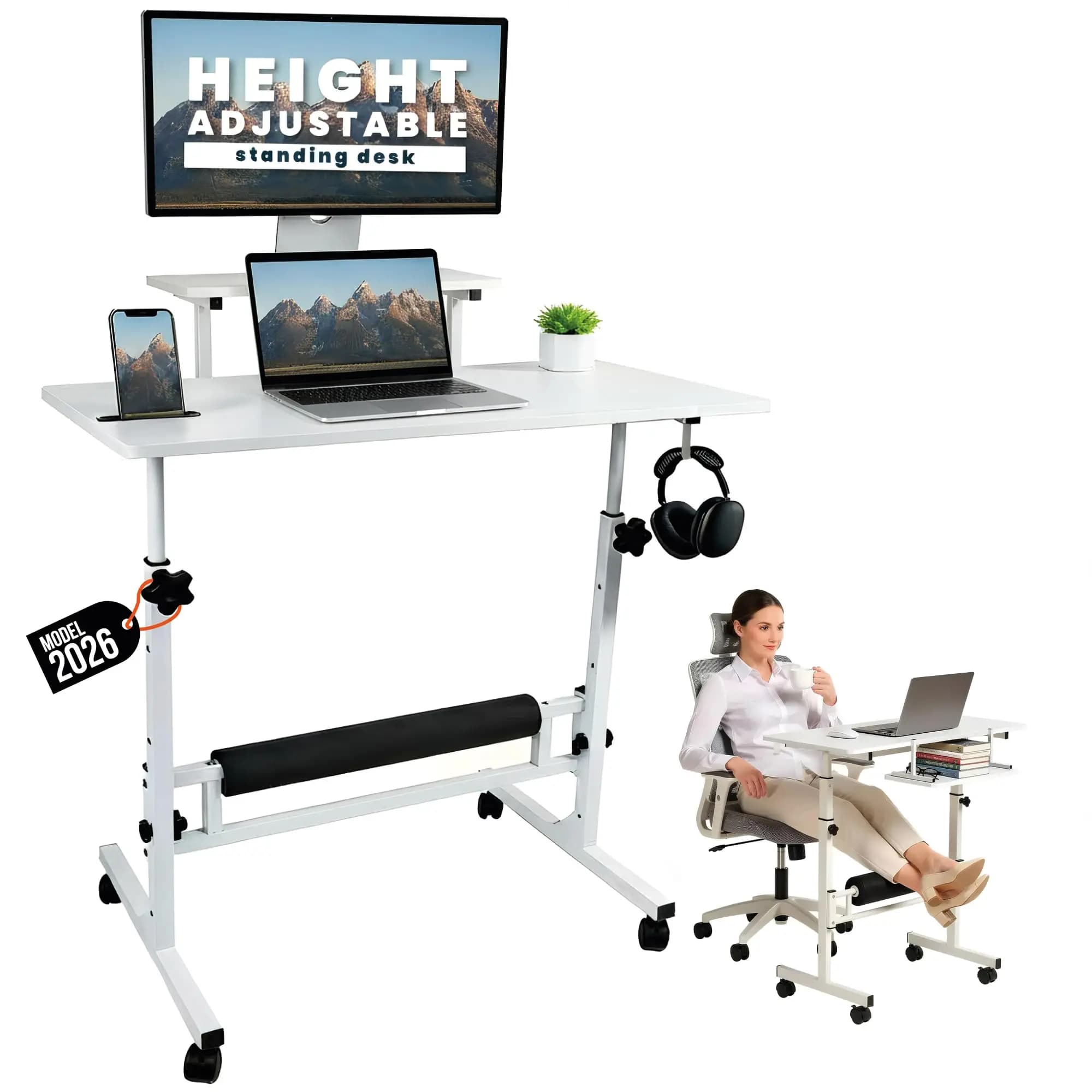 Scrivania Regolabile in Altezza con Ruote, Postazione di Lavoro Portatile per Laptop, Ergonomica per Ufficio e Casa