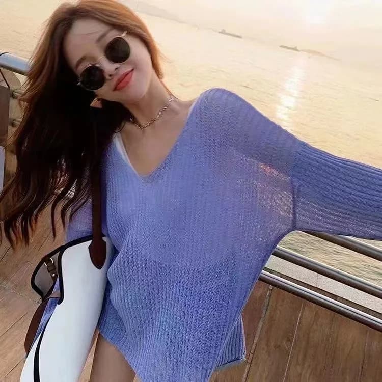 Maglione estivo da donna sottile trasparente in seta di ghiaccio a prova di sole Lady Streetwear scollo a V pullover a maniche lunghe maglione sottile da vacanza