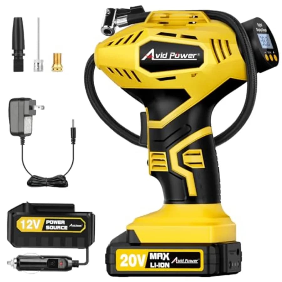 Compressore d'aria portatile AVID POWER senza fili, gonfiatore per pneumatici, alimentato a batteria ricaricabile da 20V, pompa per pneumatici auto con adattatore CC da 12V, digitale