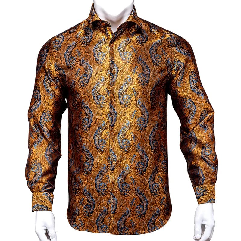 Hi-Tie 100% seta lusso nero oro ricamo camicia elegante Paisley uomo manica lunga uomo Casual camicie abbottonate regalo Outwear