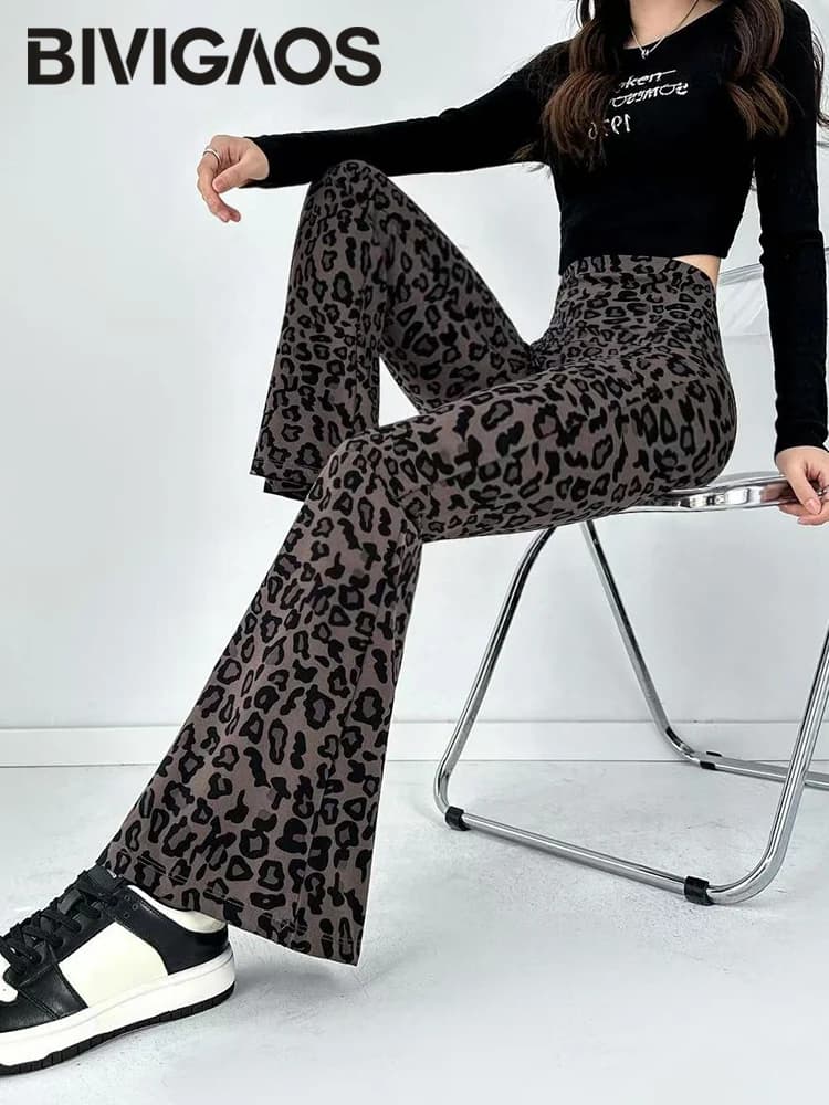 BIVIGAOS Leggings a zampa d'elefante con stampa leopardata alla moda primavera autunno da donna, a vita alta, modellanti, in pile caldo ed elasticizzato