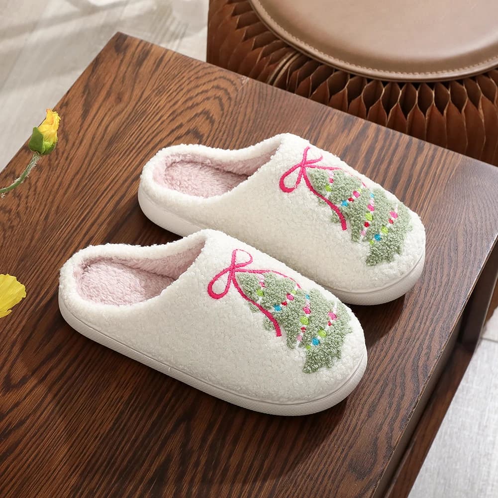 Comode pantofole pelose antiscivolo calde scarpe da casa slip-on con fiocco modello albero di Natale pantofole di peluche natalizie regalo per gli amici