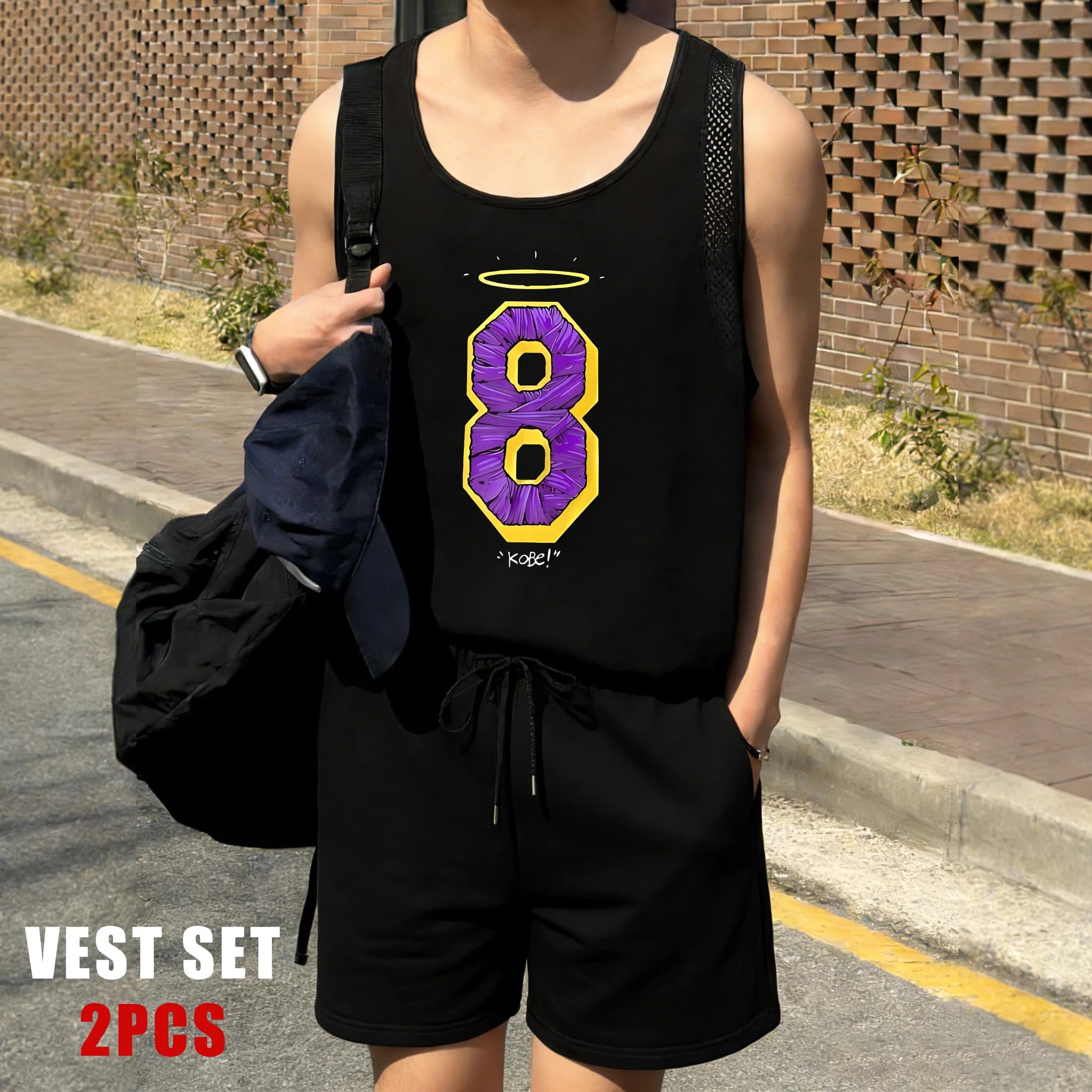 Unisex Trendy sports complex with Reticular vest Number 8 with Aureola d'Angelo and Summer shorts with Coulisse, Set Sportivo Basico with O neckline