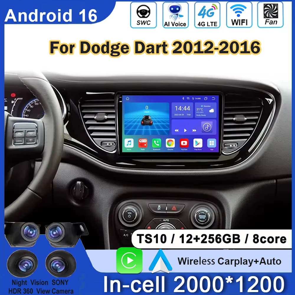 Sistema Multimediale Android per Dodge Dart 2012-2016, Carplay Wireless, Schermo QLED, Radio Auto 4G, Stereo DSP, Schermo IPS, Senza DVD 2Din