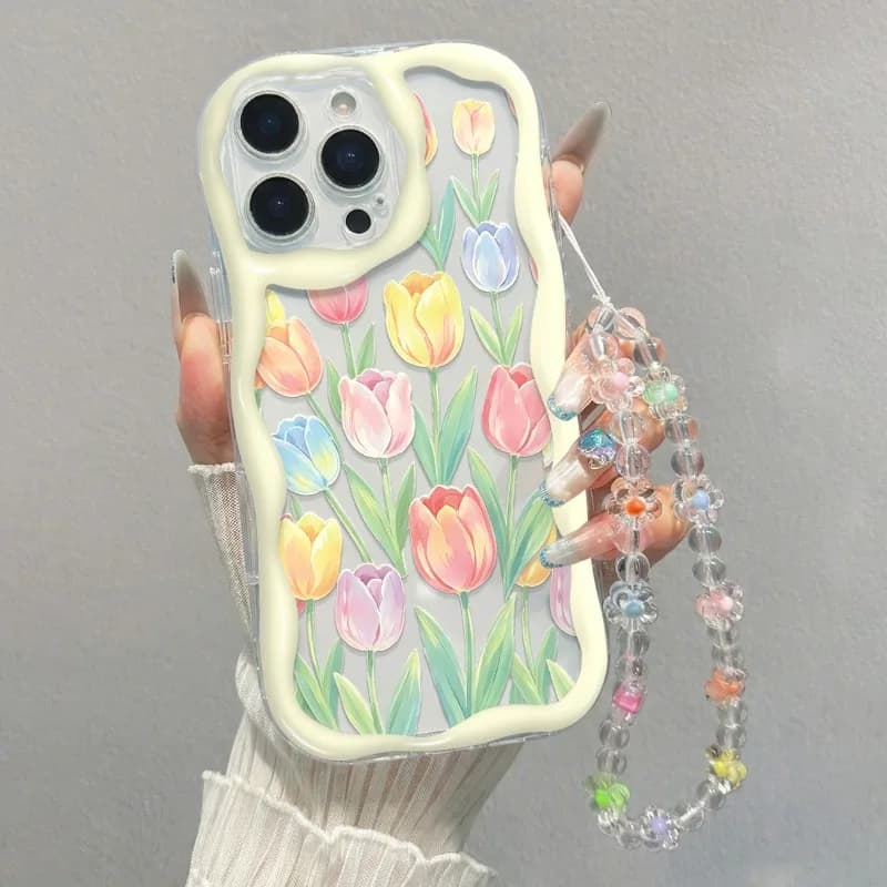 Cute Colorful Tulip Pattern Clear Wave Phone Case For iPhone 11 12 13 14 15 16 17 Pro Max Plus 16e 17e Shockproof Soft Cover