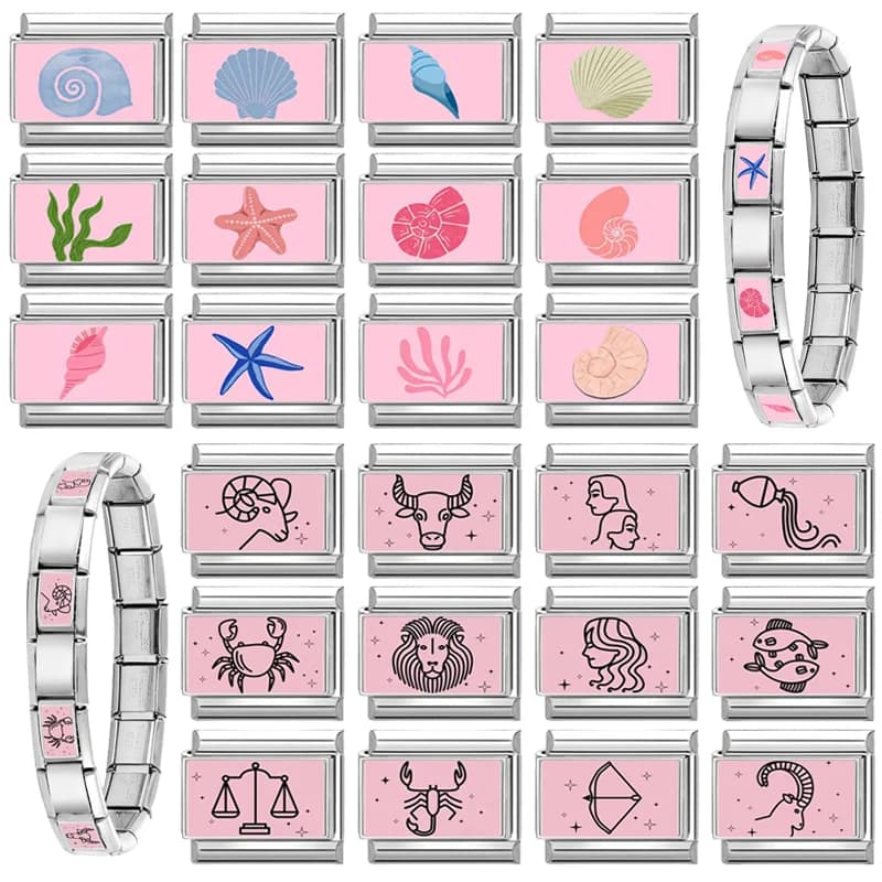 2025 New Women Unique 12 Constellation Conch Shell Pink Italian Charms Links Fit 9mm Bracelet Stainless Steel DIY Making Jewelry