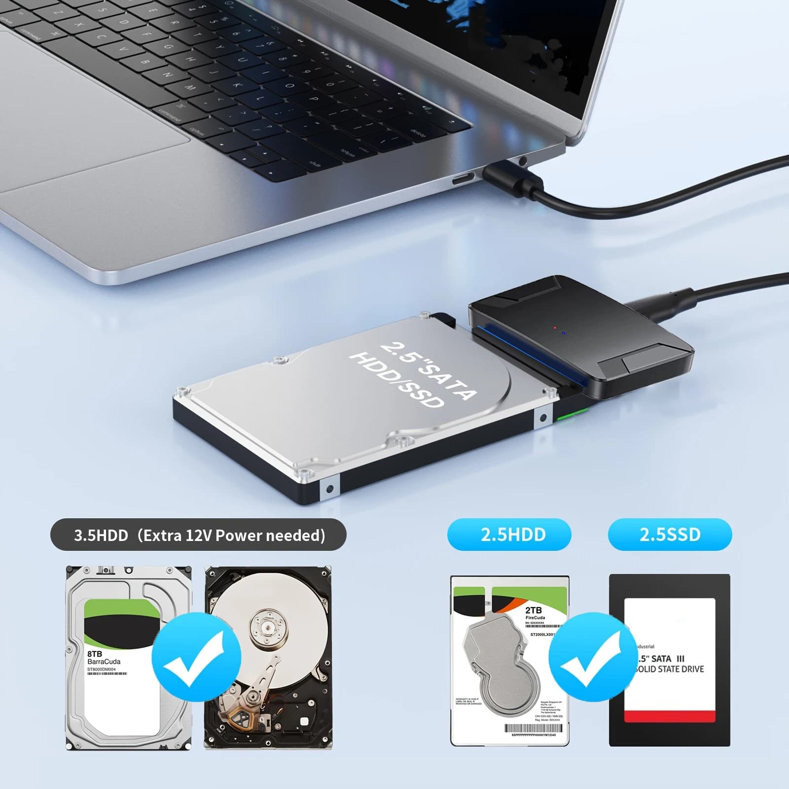 Cavo SATA a USB 3.0, Adattatore USB a SATA III per Hard Disk, Connettore Convertitore USB A a SATA per HDD e SSD Esterni da 2.5 e 3.5 Pollici