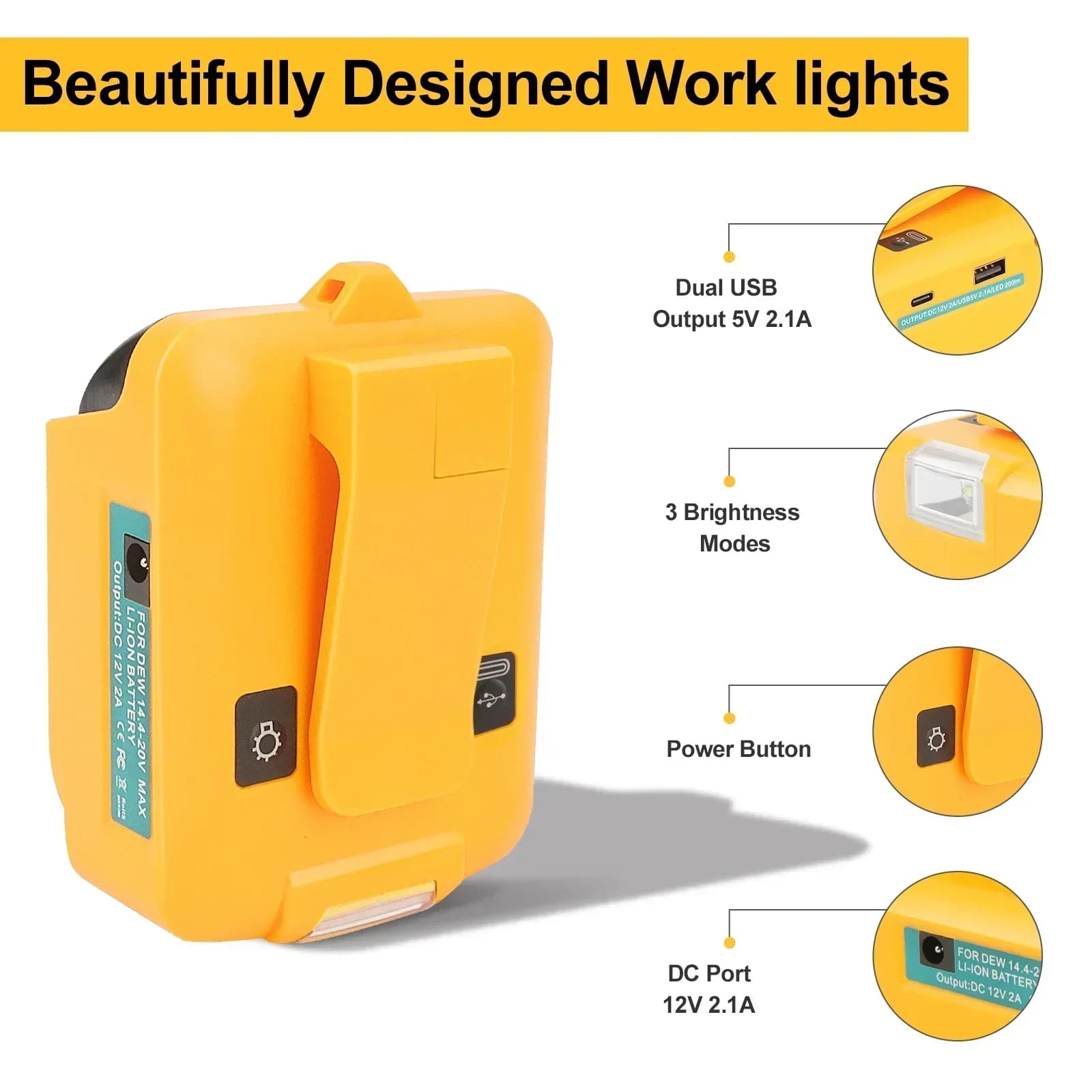 Caricabatterie adattatore batteria 2 USB per batteria agli ioni di litio Dewalt 18V 20V 60V con luce da lavoro a LED Cilp utensili elettrici uscita DC 12V/2A