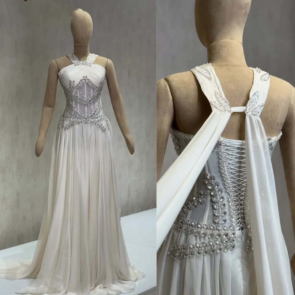Abiti lunghi personalizzati con pieghe in chiffon squisito con paillettes a trapezio Abiti lunghi su misura per occasioni scintillanti alla moda