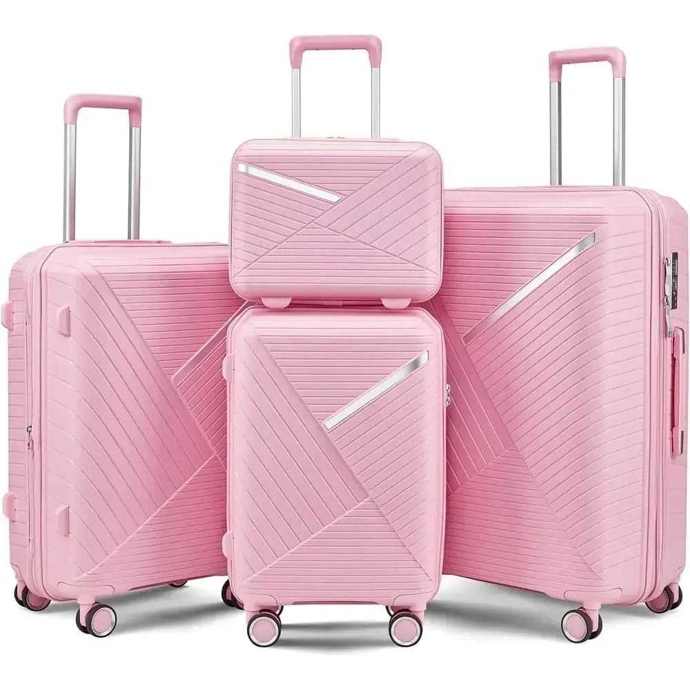 Expandable 4-Piece Luggage Set, Lightweight, TSA-Approved Lock, Quiet Wheels, Aluminum Rod, Pink Polypropylene Material