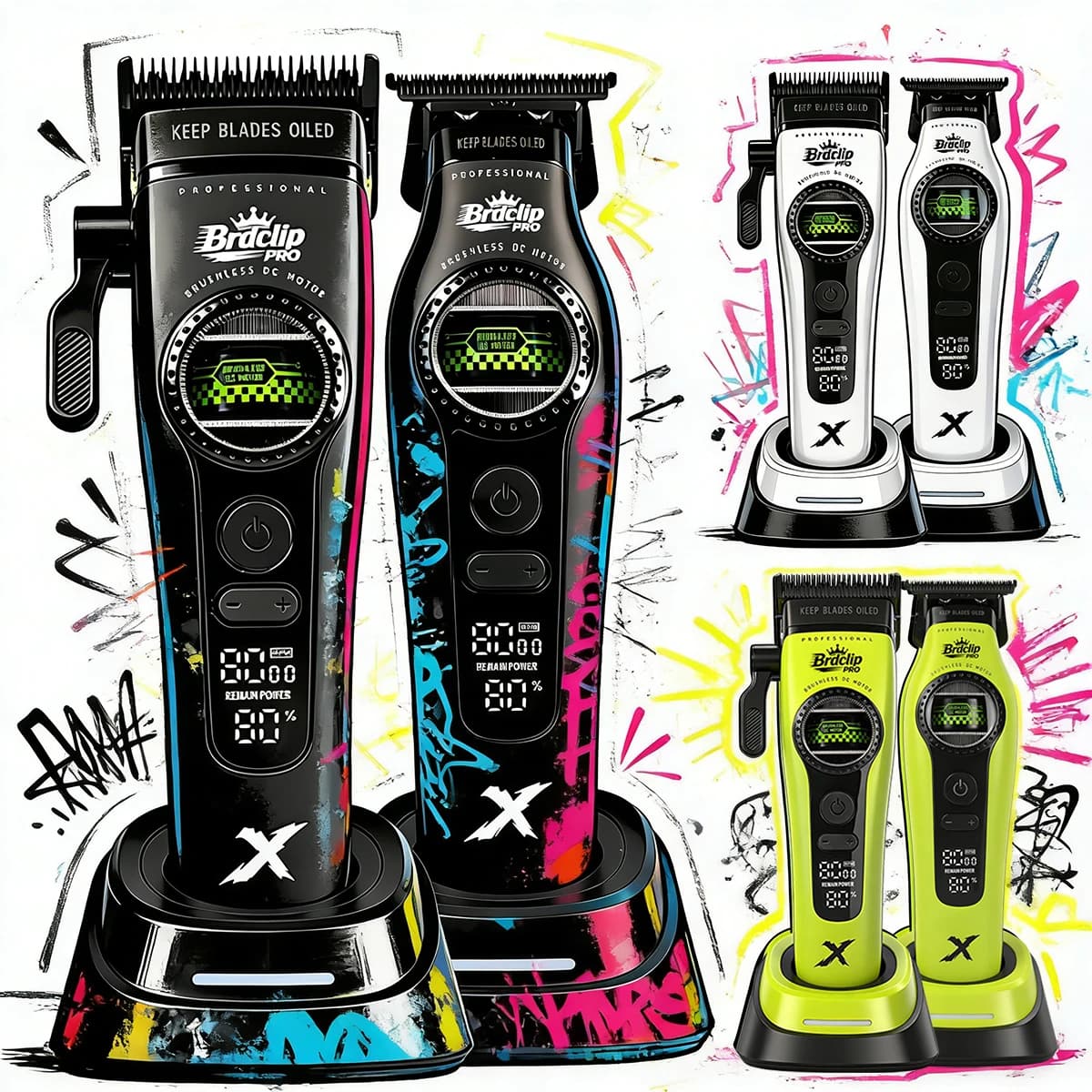 Professional Black Set for Barbiere BRDCLIPR, 5 Speed Haircuts 6000-8000 RPM, Brushless Motor with Exterior Roll, Stackable Blade