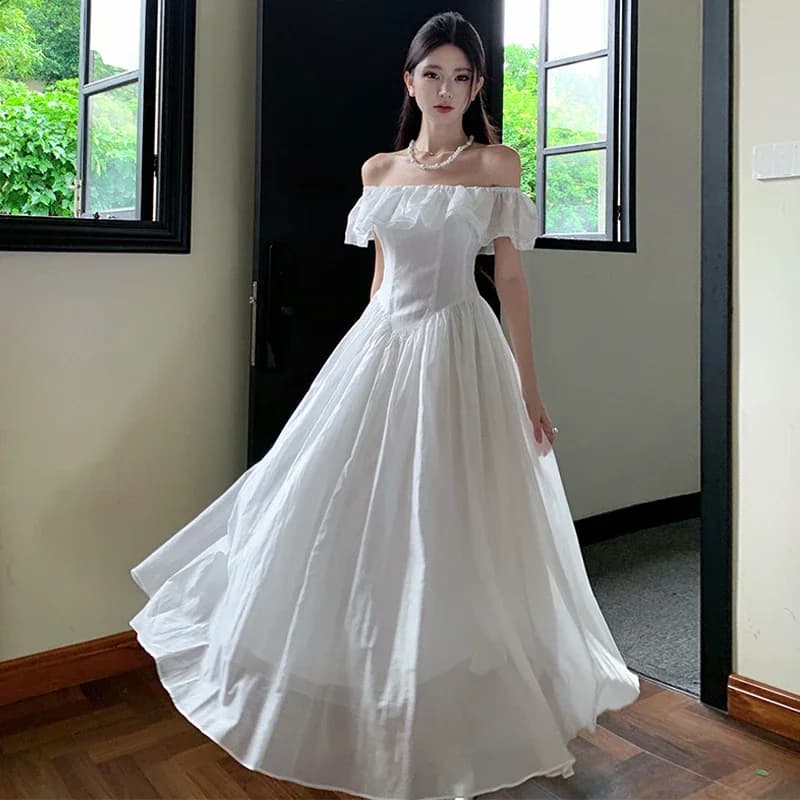 Abito lungo da spiaggia bianco estivo per donna Abito lungo con scollo a barchetta Manica corta con spalle scoperte Maxi abiti Abito da sera elegante