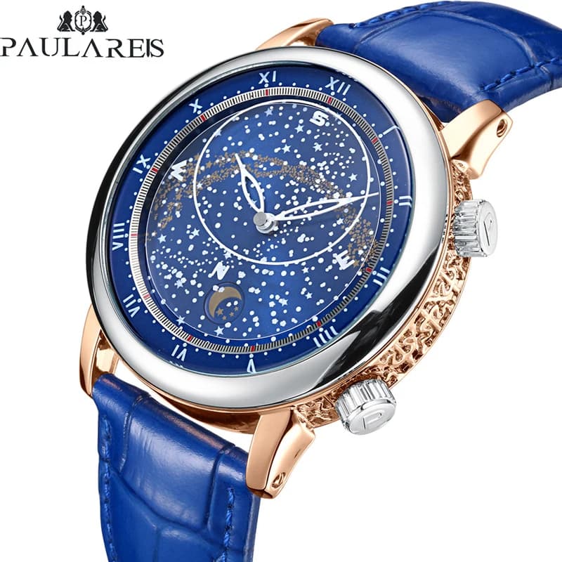 PAULAREIS P Orologi da uomo di marca Orologio meccanico automatico per uomo Orologio da polso luminoso impermeabile in pelle blu di lusso