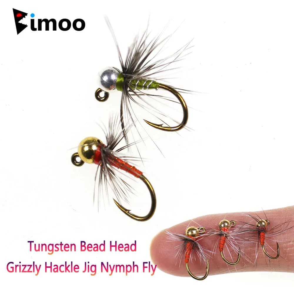 Bimoo 6 pezzi # 12 # 14 # 16 Mosche Artificiali Euro Nymph con Testa in Tungsteno e Hackle Grizzly, Affondamento Rapido, Barbed, Wet, per la Pesca alla Trota