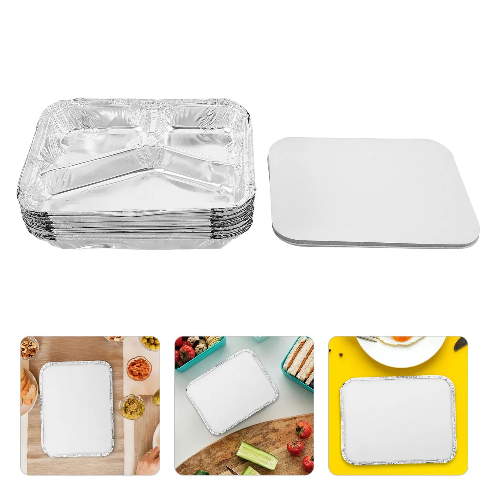20 Contenitori in Alluminio per Alimenti 23x18x3 cm, Vassoio Rettangolare a 3 Scomparti con Coperchio per Catering e Preparazione Pasti da Asporto